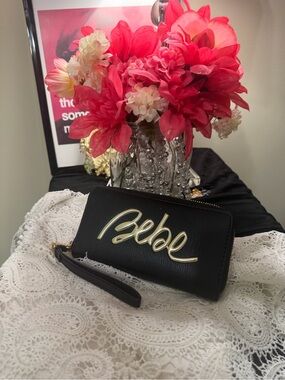 bebe Black Wristlet Clutch with Gold Script Logo
